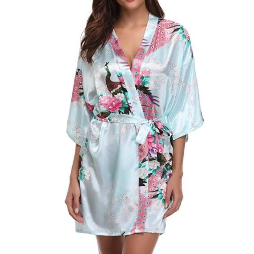 Blue Satin Kimono Bridal Robe One Size
